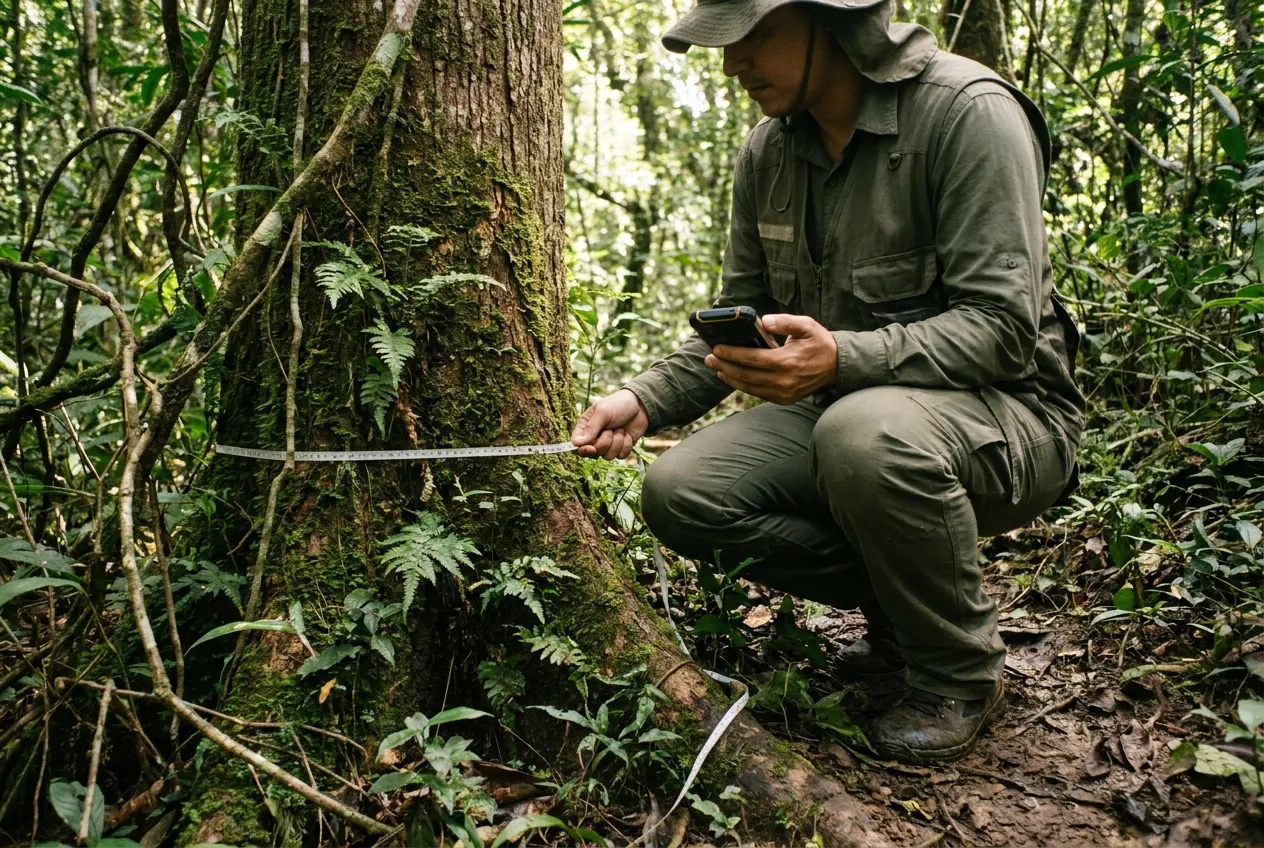 Técnica ambiental medindo árvore em inventário florestal com celular
