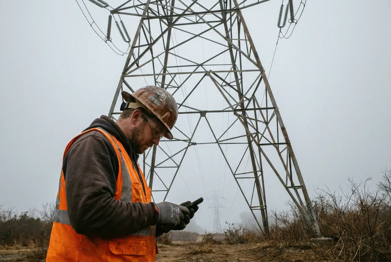 Técnico de campo inspecionando torre de transmissão com celular