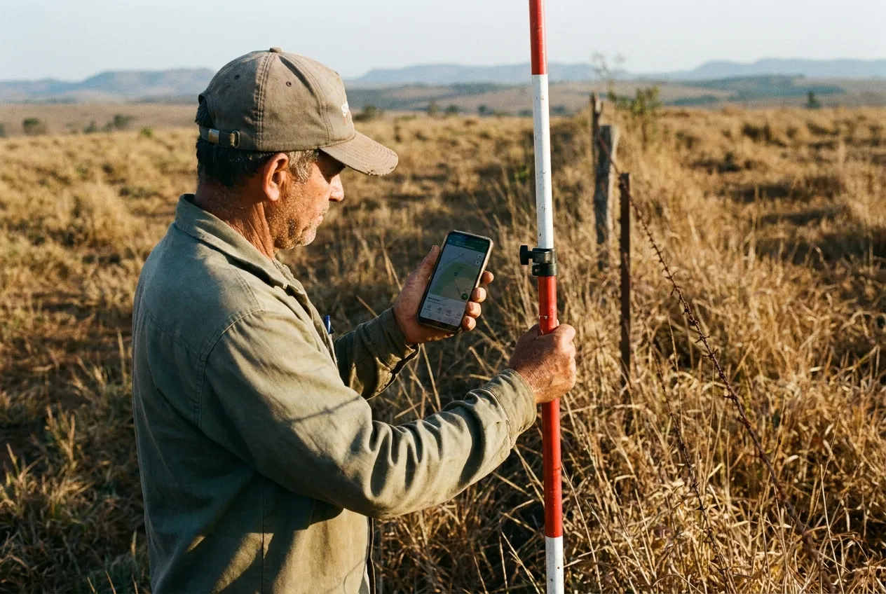 Topógrafo levantando divisa de propriedade rural com celular na mão