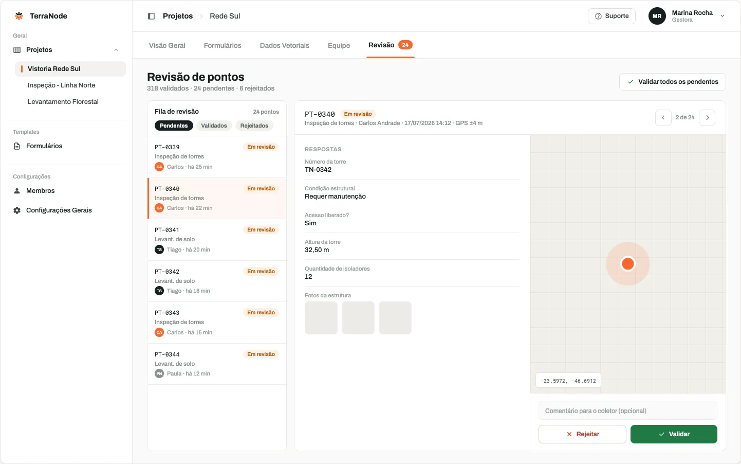 Painel web: ponto PT-0340 em revisão, com as respostas, o mapa e o botão Validar